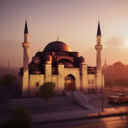 Sultanahmet cami sunset, realistic, unreal engine 5, octane render, cinema4d