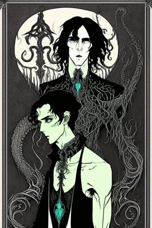 black haired young man necromancer wizard with gothic jewelry and tentacle fingers in the style of Harry Clarke