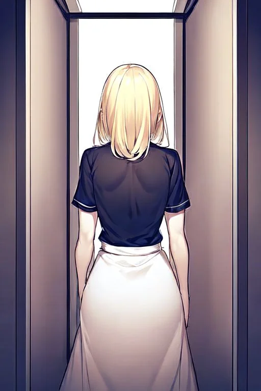 blonde girl walk in a corridor, back view, line arts, manga style