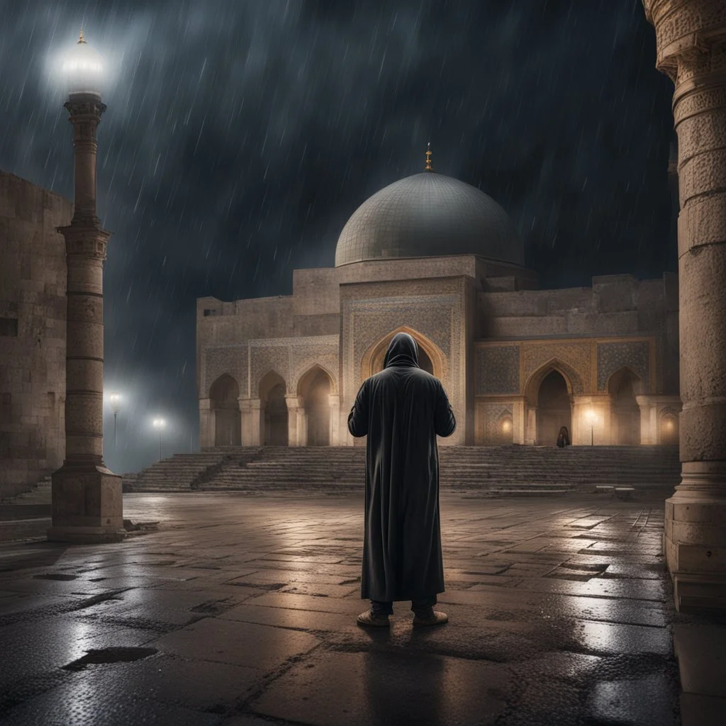 Hyper Realistic Man praying outside Dark Abandoned Al-Aqsa Mosque in a dark heavy rainy night