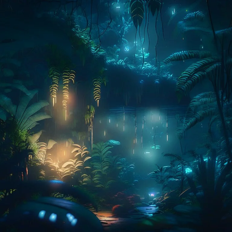 fantasy jungle at night, mysterious lights in background, photorealistic, unreal engine 5, masterpiece, trending on artstation, sharp focus