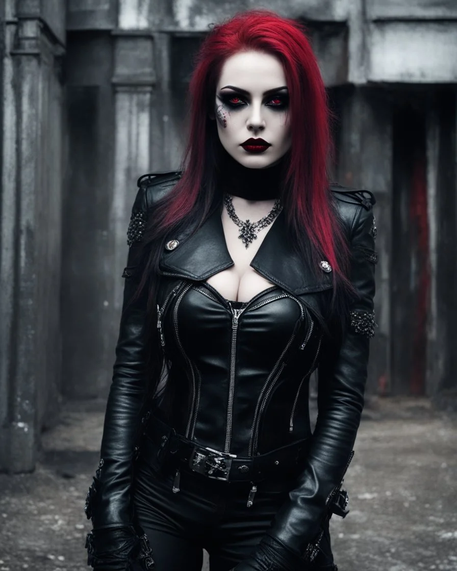 pretty bigbusty female dark creepy gothic makeup,pretty red eyes,black metal rock clothes gothic style,tight black leather jacket heavy metal punk rocker style,cinematic colors