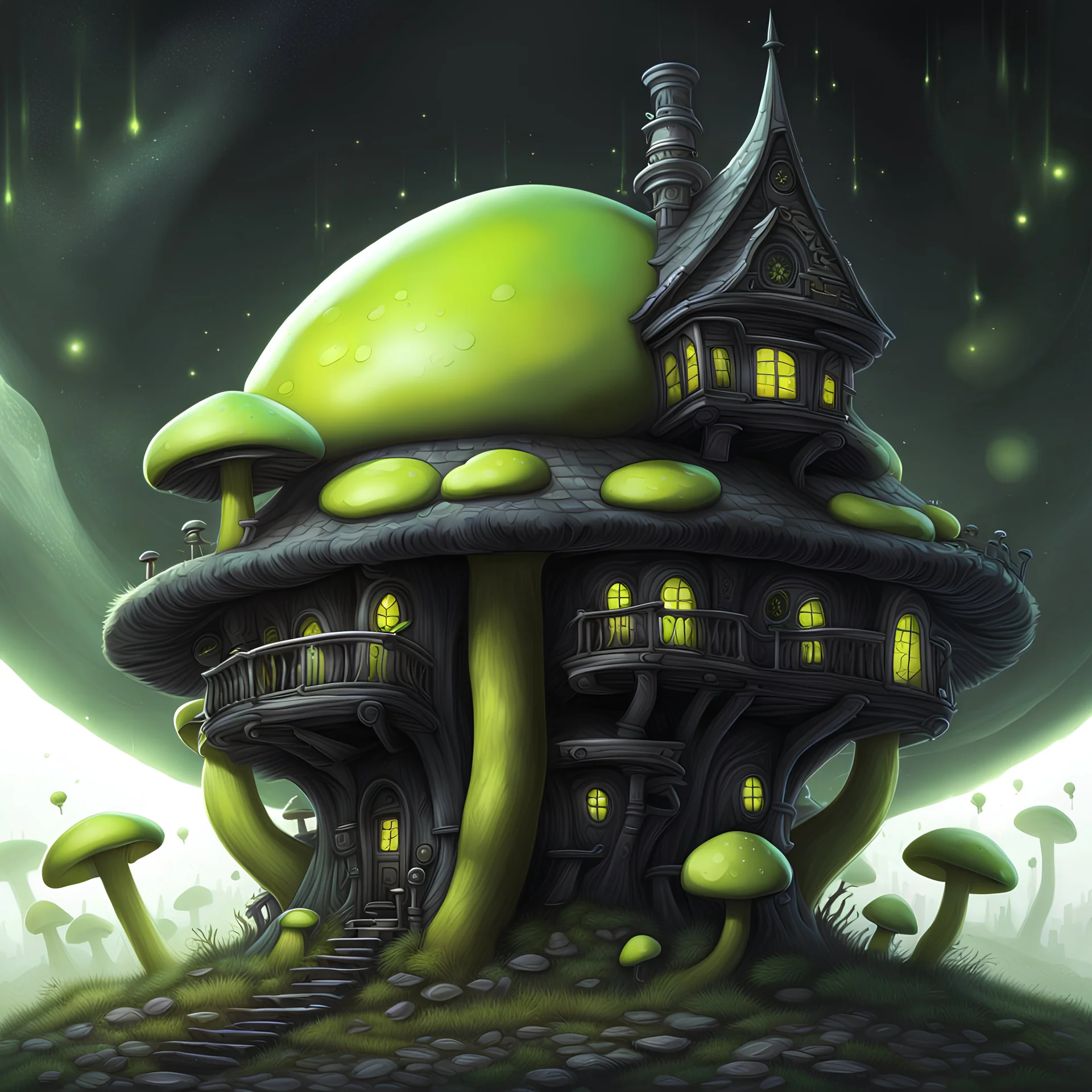 space island mushroom house. black lemon and lime colored. Detailed oil Painting, muted color, fantastical, intricate detail, splash screen, hyperdetailed, insane depth, concept art, 8k resolution, trending on artstation