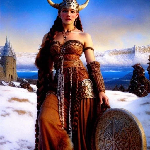 portrait beautiful face viking queen,braids,busty,horned helmet,snow,castle,mountains,ancient leather armor, balanciaga fashion clothe painting by gaston bussiere, greg rutkowski, yoji shinkawa, yoshitaka amano, tsutomu nihei, donato giancola, tim hildebrandt, oil on canvas, cinematic composition, extreme detail,fit full head inside picture,16k