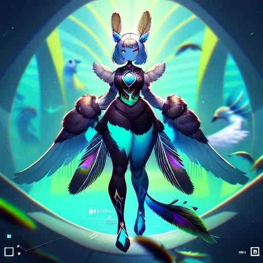 A bird fursona, Furry art, Digital art, cyberpunk, High quality, Backlighting, female, anthropomorphic, full body portrait, 8k resolution, bird tail, Realistic, high quality, great details, within portrait, masterpiece, best quality, detailed outfit, vibrant colors, perfect eyes, feathery, human body, robotic arm, sfw, highly detailed face, perfectly drawn