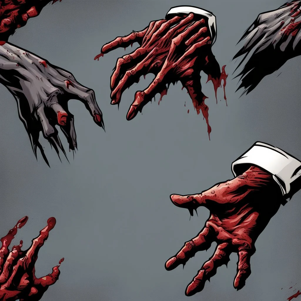 zombie hand claw, attack, comic book style, grey background,