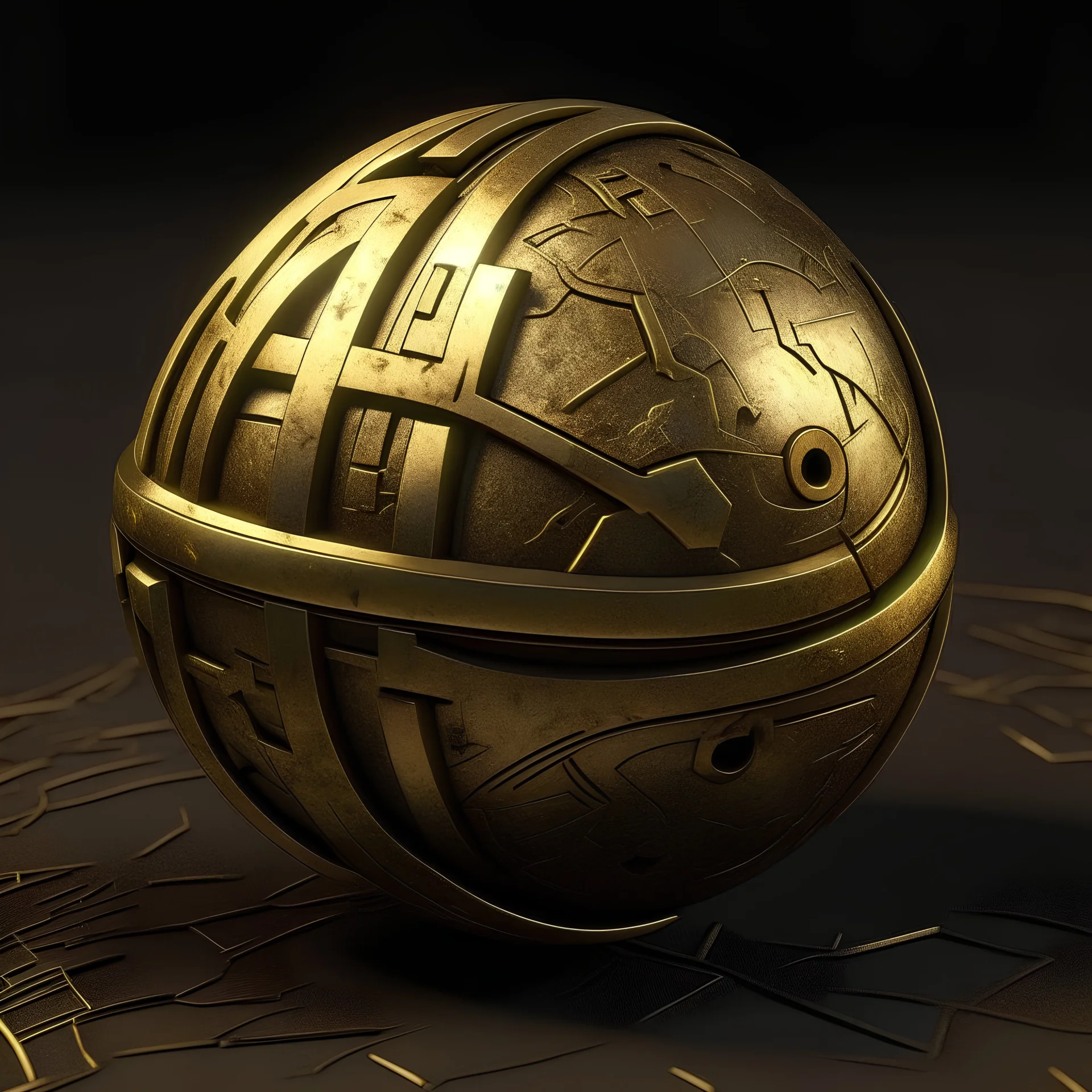 Create an image of tarnished brass orb with strange runes