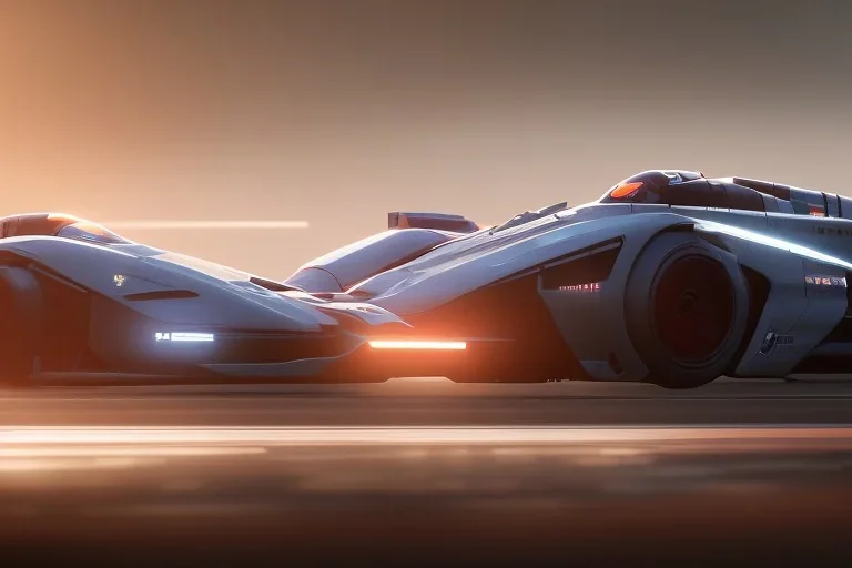 Futuristic formula spacecraft, racing fast on track circuit, cyberpunk style, fog