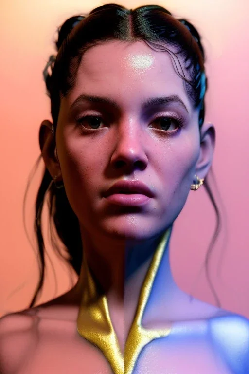 Realistic image, Rosalía artist, portrait, waist up portrait, sweet, gold, pink, geisha style, led lights, fog, rain, latex, vibrant color, highly detailed, art stations, concept art, smooth, unreal engine 5, god rays, ray tracing, RTX, lumen lighting, ultra detail, volumetric lighting, 3d, finely drawn, high definition, high resolution.