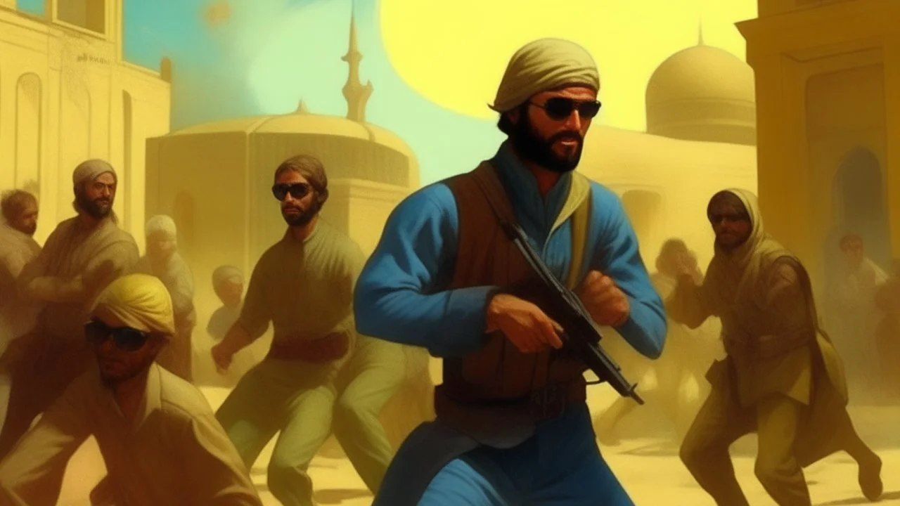 takistan life, action scene fighting mob oil painting. dr arab cover 1970, far perspective dnd style. sunglasses. mosque