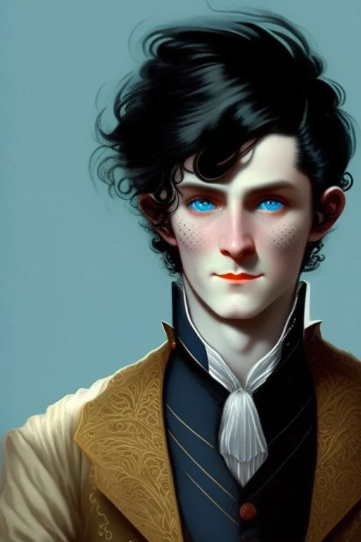 young black haired blue eyed dandy wizard in the style of beresford egan