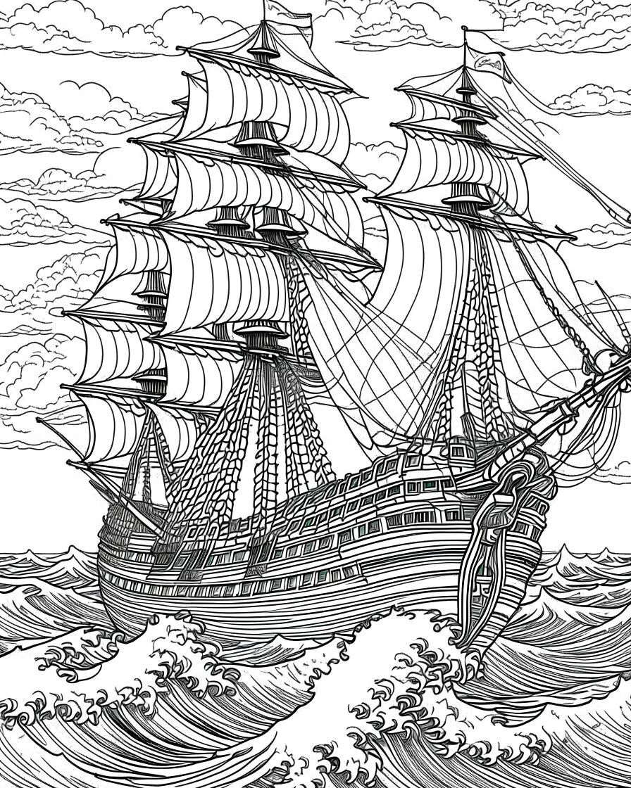 Create an exhilarating coloring page inspired by the Pirates of the Caribbean movie, featuring a majestic pirate ship sailing through rough seas. Challenge young artists to add their creative touch to billowing sails, the iconic Jolly Roger flag, and crashing waves. This black-and-white coloring adventure invites kids to embark on an exciting journey as they bring this thrilling pirate ship scene to life on paper.