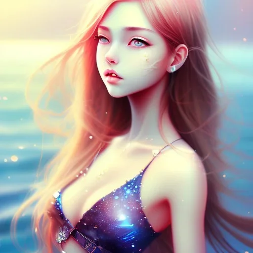 beautiful girl day, sunny, relaxing, sea, trees, real details --v anime style