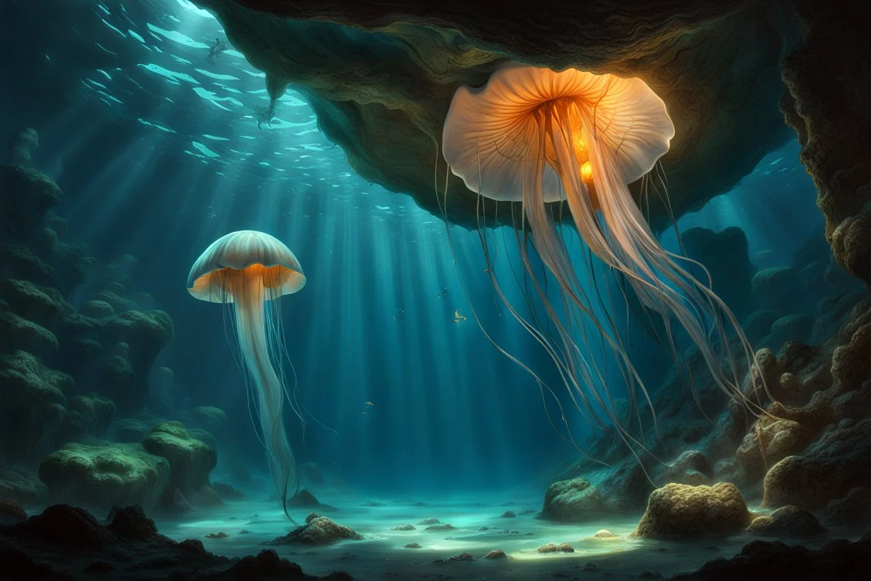 A mysterious underwater cave, rock formation, glowing jellyfish, strange aquatic creatures, art by Lucas Graciano. fantasy concept art, exquisite realism, a masterpiece, dynamic lighting, hyper detailed, intricately detailed, deep color, Unreal Engine, volumetric lighting , Epic cinematic brilliant stunning intricate meticulously detailed dramatic atmospheric maximal,