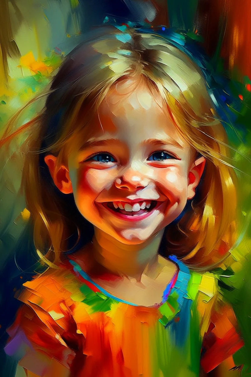 an expressive painting of 5 years old beautiful girl smiling painting, we might see a companion with features of absolute enlightenment and joy, blended with warmth and deep gratitude . Perhaps her face expresses emotion and love with eyes radiating confidence and faith.