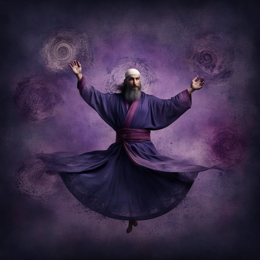 Hyper Realistic Sufi Whirling with Purple & Maroon, Islamic Sufi Rustic Grungy navy-blue Patterned-Background at night with black fog & mini feathers around