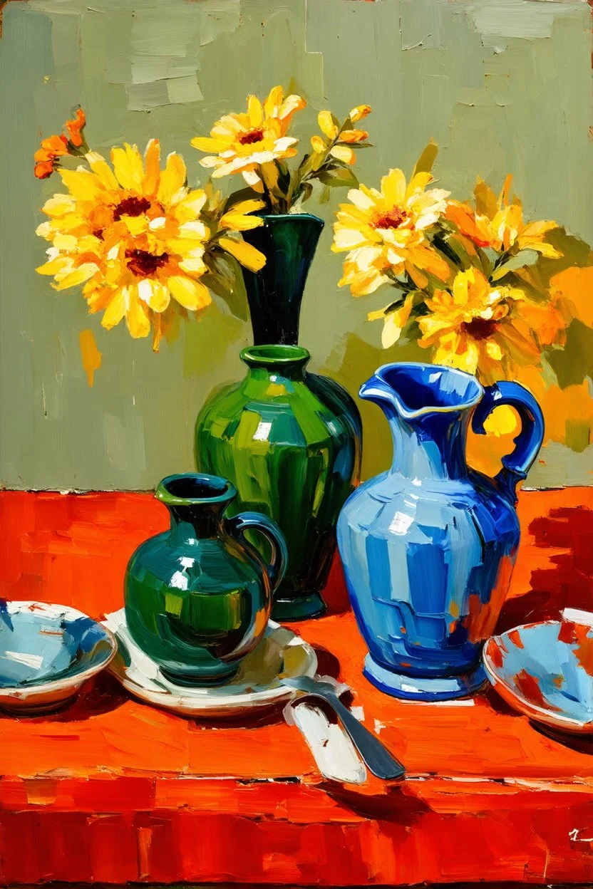 Oil painting of Vases and jugs in the style of frank Auerbach