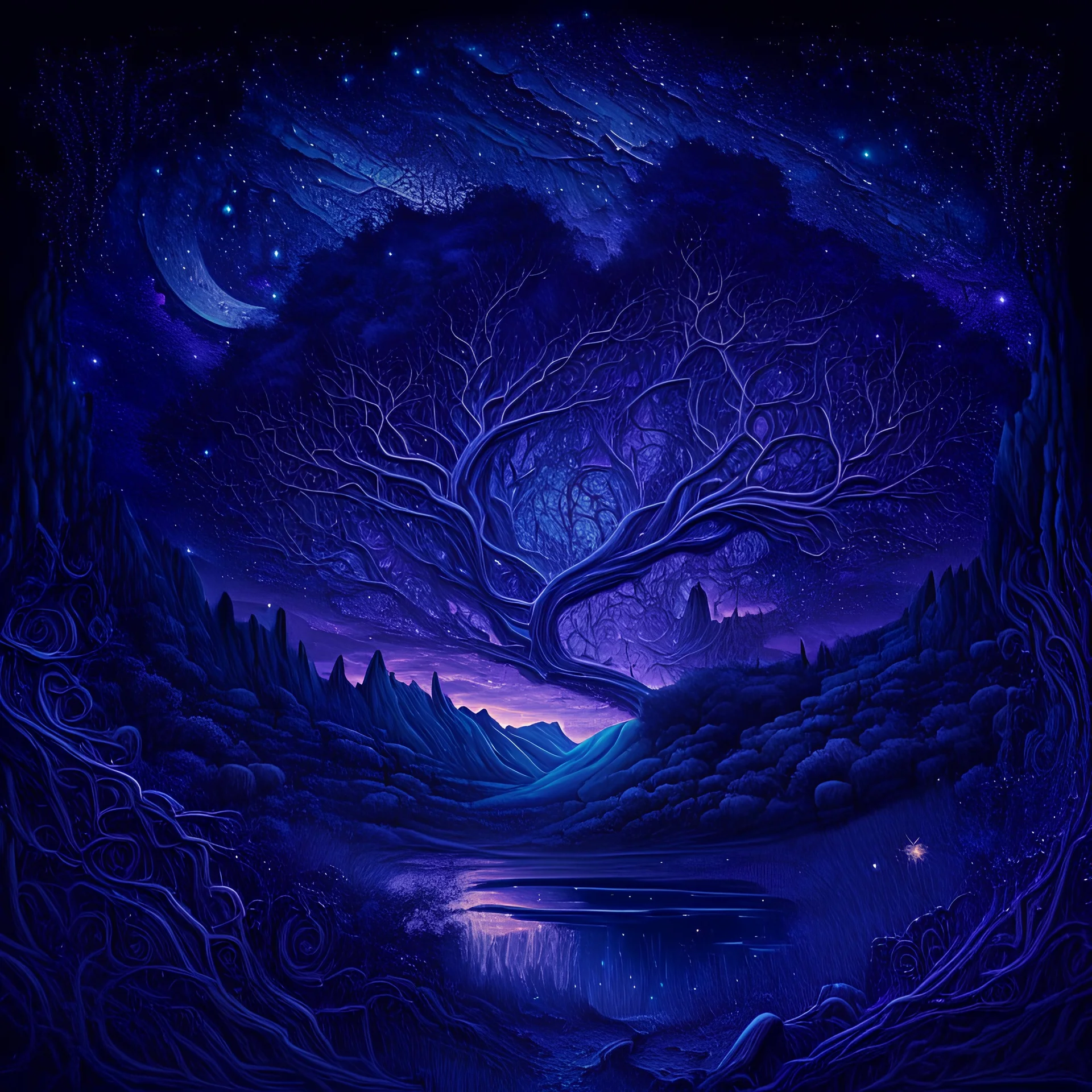 landscape, epic, intricate details, high detail, constellation, deep blue and purple