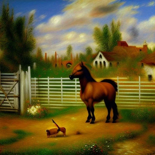 shetland pony, fence, field, oil painting, by renoir