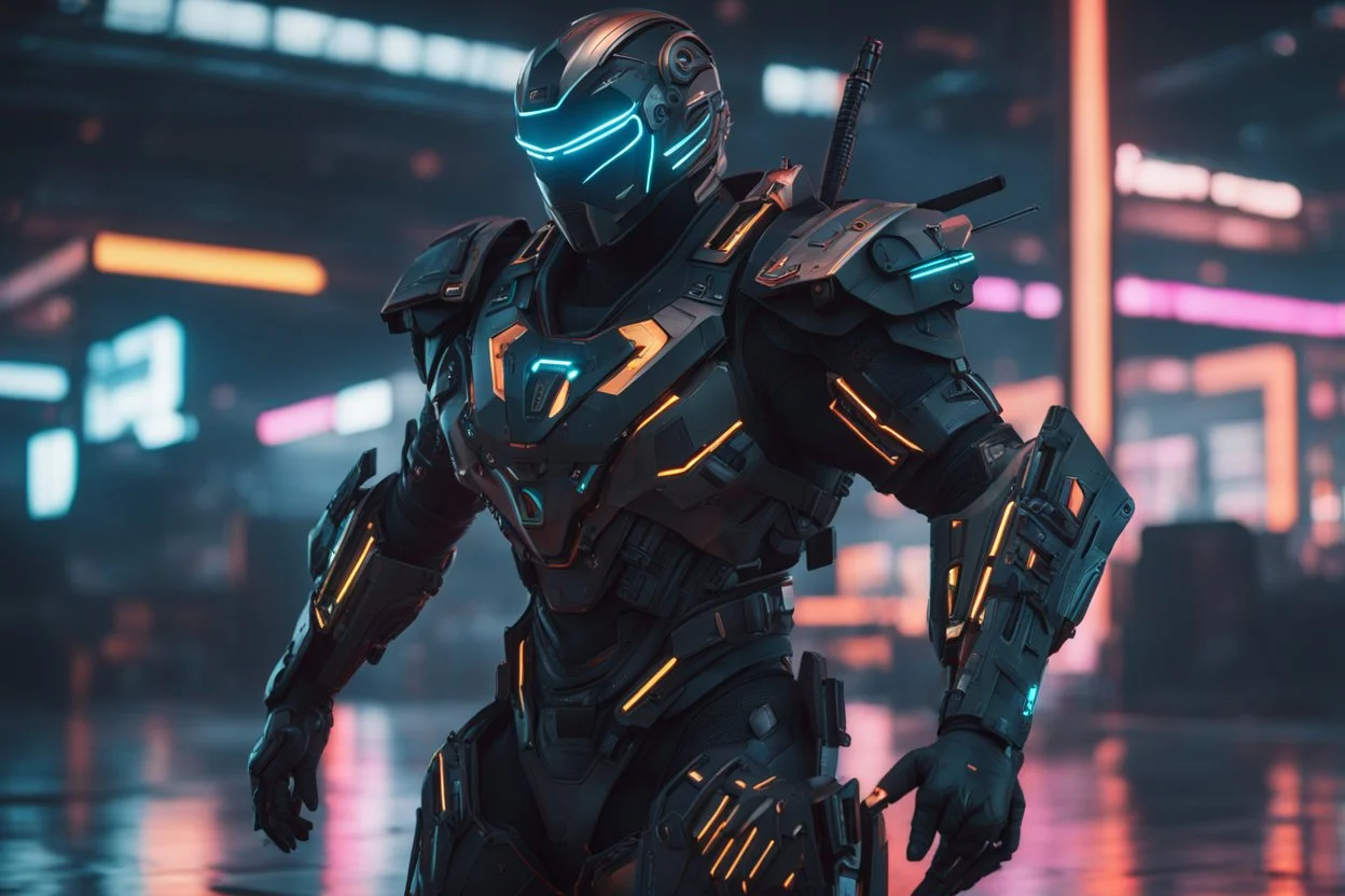 Cyber Machine in 4k realistic cg artstyle, ninja them, neon details, full body, apocalypse, intricate details, highly detailed, high details, detailed portrait, masterpiece,ultra detailed,best quality
