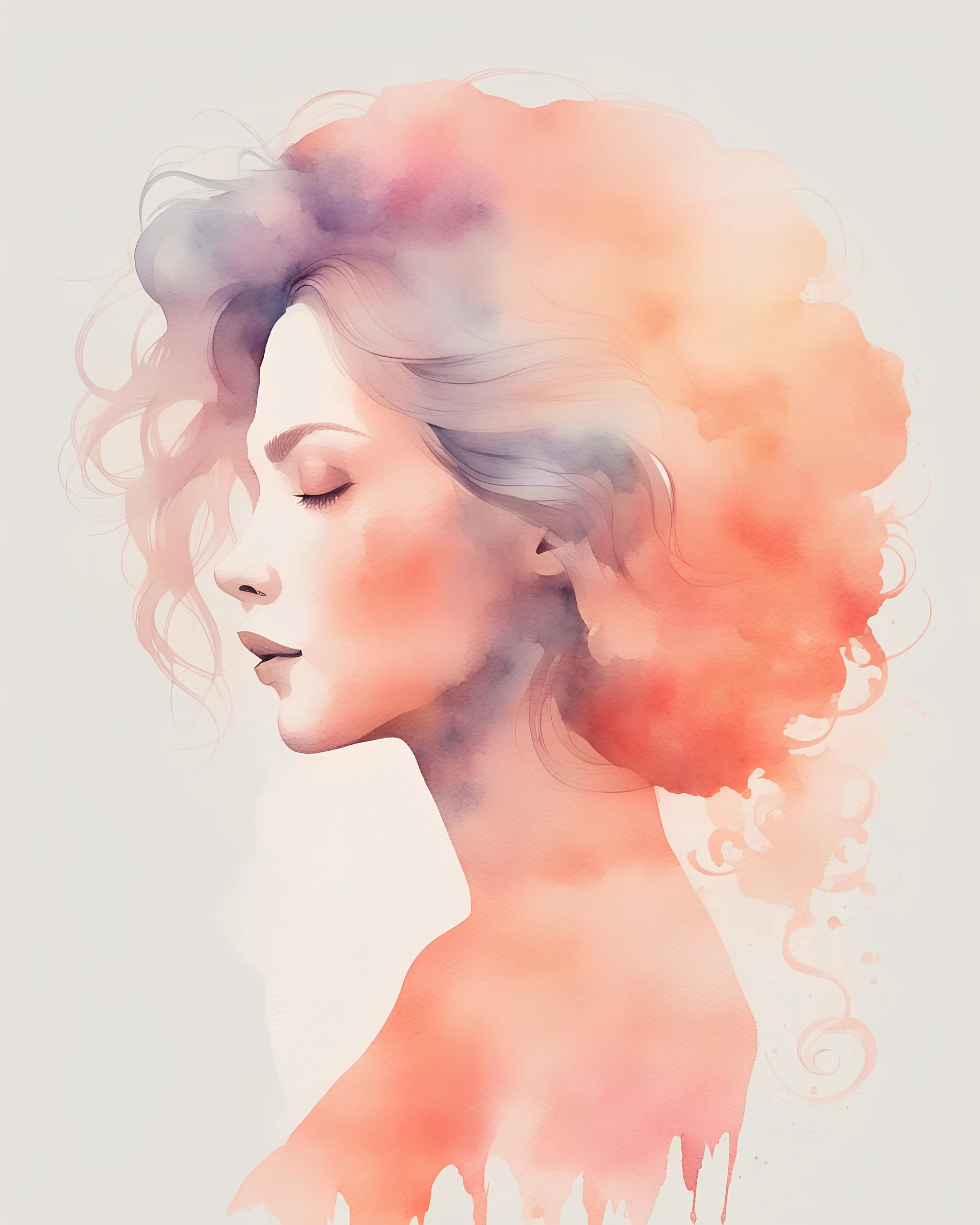 middle agу woman silhouette and hair watercolor draw peach pastel colors