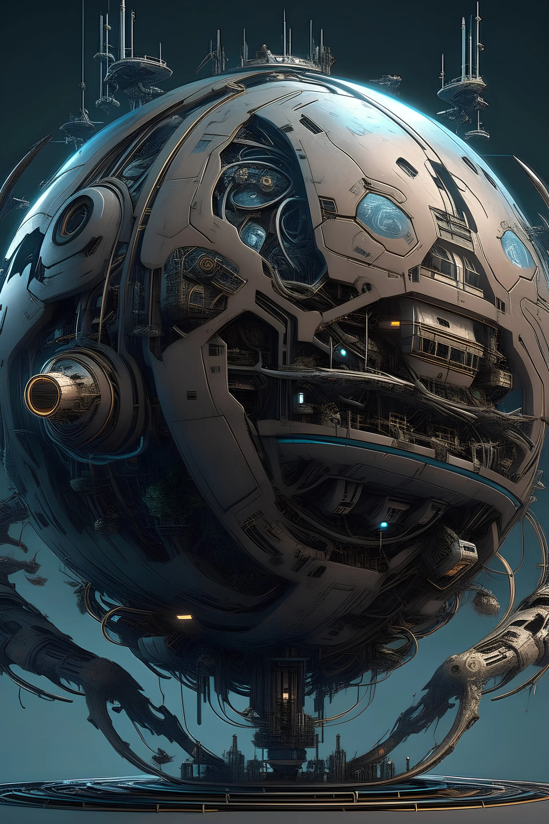 spherical spaceship with lot of limbs that surround a scifi character