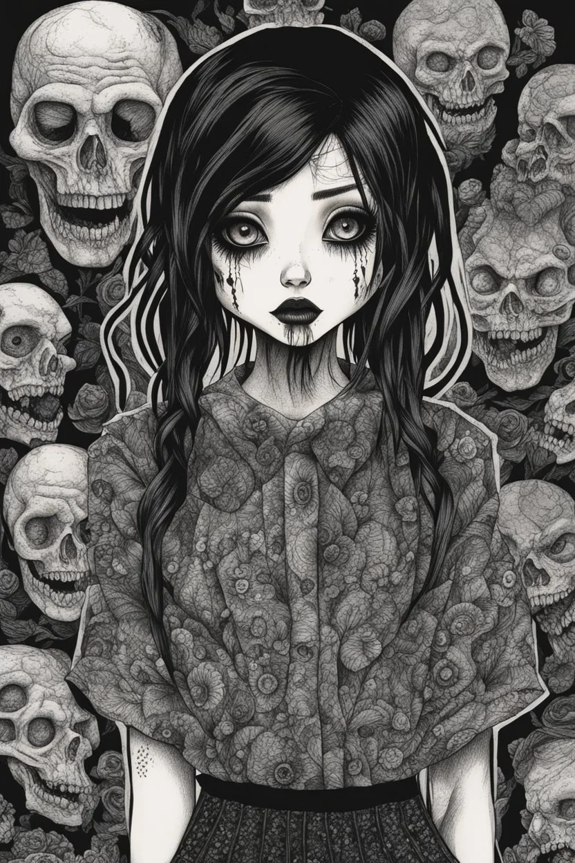 create a disturbing full body portrait horror illustration of a dark haired, savage, gothpunk vampire girl with highly detailed , sharply defined hair and facial features, in a dark, otherworldly London in the manga style of Junji Ito, precisely drawn, inked, with dramatic edges,