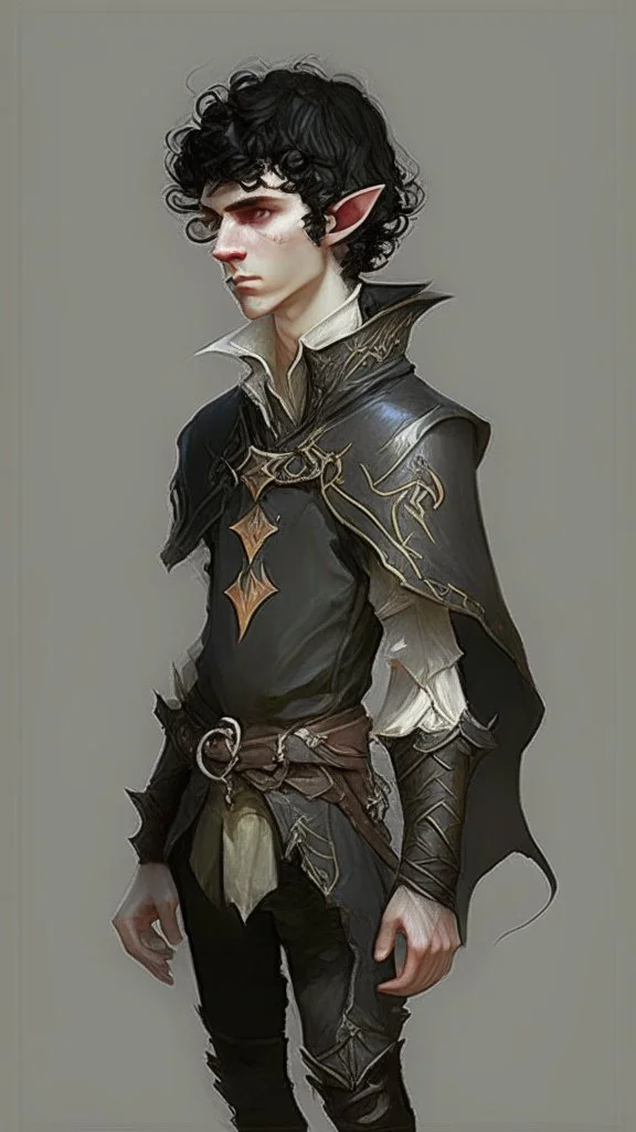 boy elf,he has curly, black hair and sharp cheekbones. His eyes are black. He wears fantasy medieval clothes. he is lean and tall, with pale skin, full body with boots, side view full body side profile