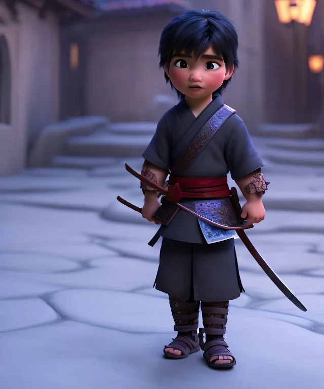 little boy samurai. shadows, Brent Weeks, Night Angel, cobblestone street alley, highly detailed, hyper-detailed, beautifully color-coded, insane details, intricate details, beautifully color graded, Cinematic, Color Grading, Editorial Photography, Depth of Field, DOF, Tilt Blur, White Balance, 32k, Super-Resolution, Megapixel, ProPhoto RGB, VR, Halfrear Lighting, Backlight, non photorealistic rendering