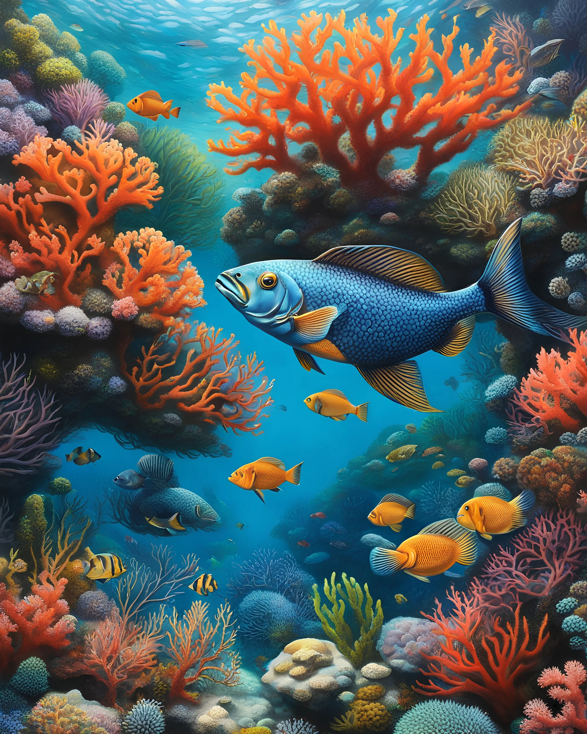 A close-up of a fish, meticulously detailed in the style of Keng Lye, swimming through a hyperrealistic coral reef teeming with life, painted in the style of Mike Bayne. Combine the hyperrealistic detail of Lye's fish paintings with the vibrant, detailed coral reefs found in Bayne's work.