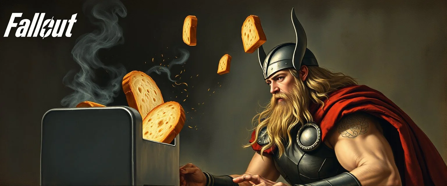 The mighty God Thor sees the toaster spit out some bread. The bread is jumping over his head. In the style of Rembrandt and Fallout 4