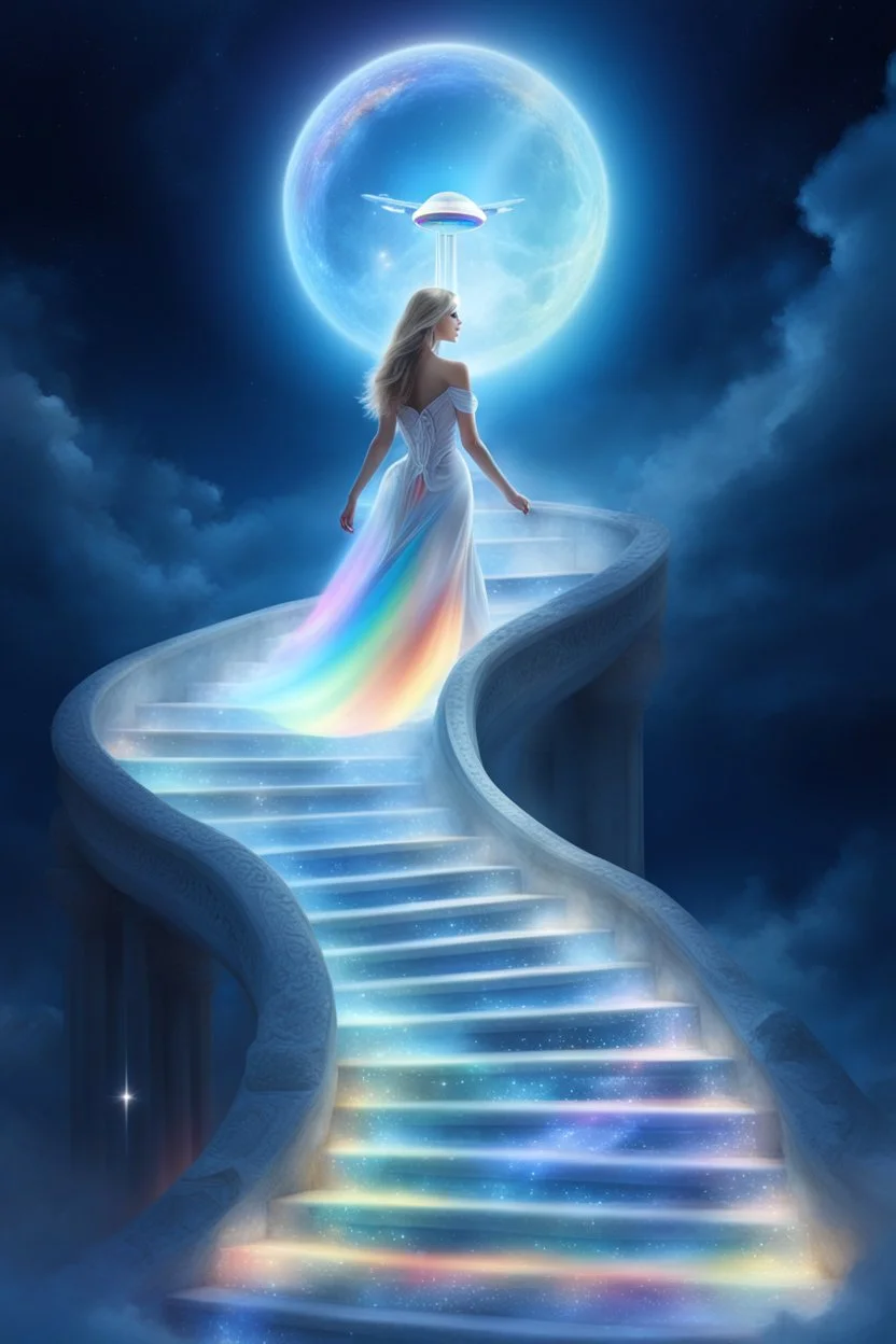 fantastic,Beautiful woman, stairway to heaven whit rainbow, ufos futuriste tres beau