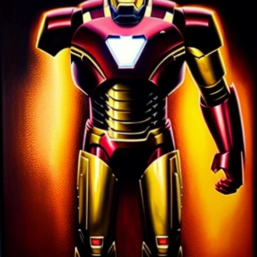 fullbody portrait in oil on canvas of ironman with Golden Hulkbuster armor, ominous, intense stare, masterpiece, realistic, intricate detail, sci-fi fantasy style, volumetric lighting, particles, highly detailed ,cinematic , deep colours, 16k, by Kaare Andrews and caravaggio and simon Bisley.