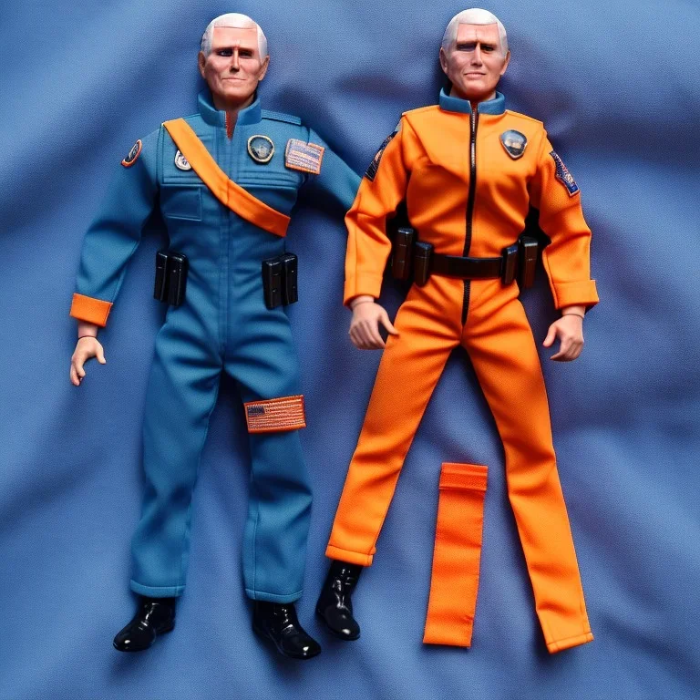 a large pile of face Mike Pence G.I. Joe toy Doll spaceforce uniform, orange blue fabric, pistol, wall packaging for sale, bright pricetag, finger, empty box