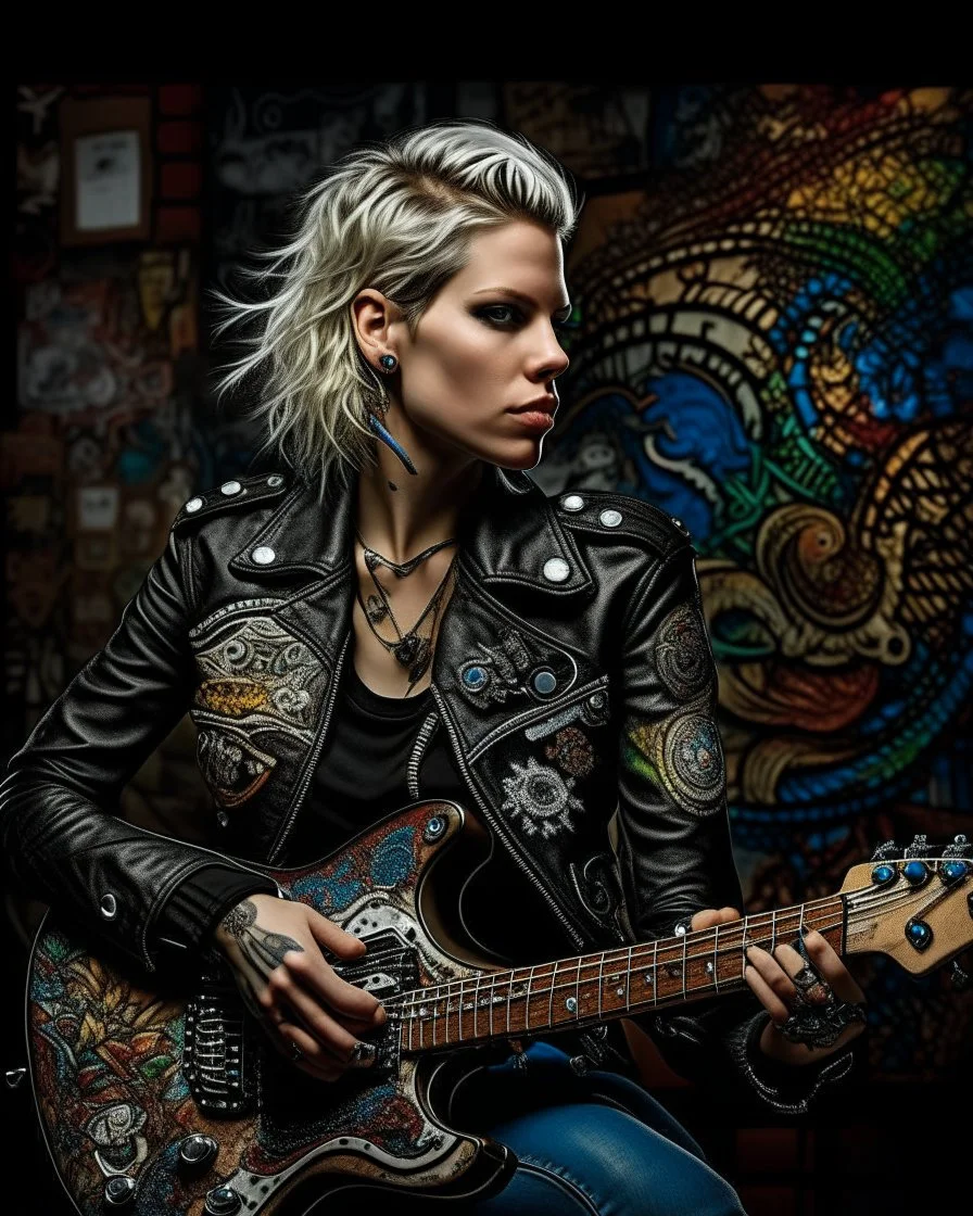 "Midnight Serenade unique" low view angle shot down village road , large close up a beautiful young blonde woman with a tattoos and punk style hairstyle wearing a cool black leather jacket like rocker style and holding a guitar, granite terrazzo motifs with puzzle modern clothing is decorated with colorful filigree abstract, Collage chutes papiers magazines,Spirograph background by Nisa Kiley, Textile Artist