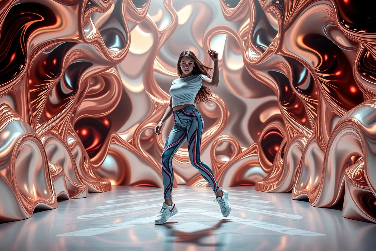 beautiful lady with todays modern clothing and sport shoes, in surreal stage made of 3d fractal random size recursive objects with helical strip colors in clothing similar to environment full body dancing to camera,animating background metallic random color and size recursive objects