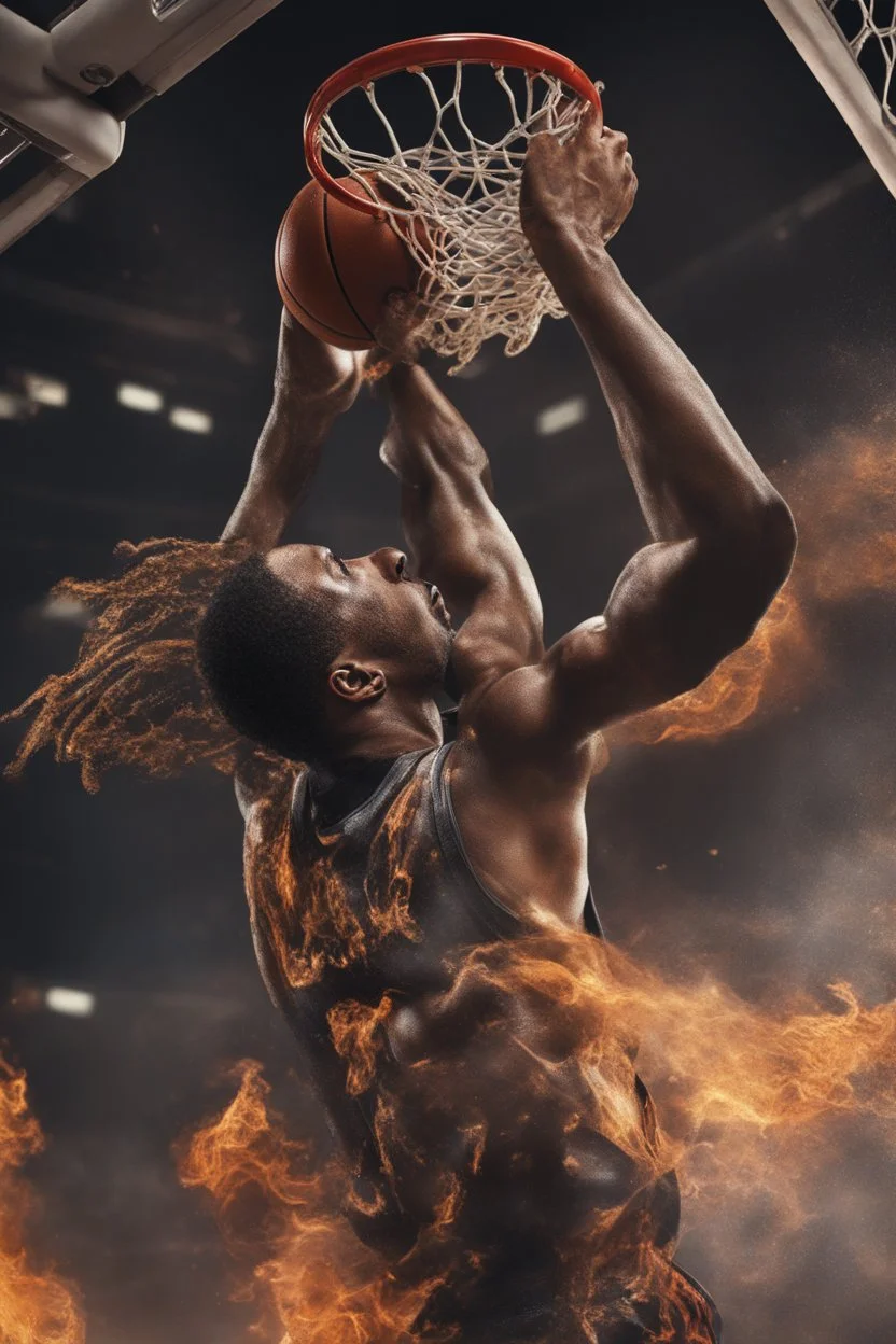 8k, highly realistic and detailed image of a NBA basketball player in action dunking the ball in the net, sweaty hair, screaming look,action and smoke and flames background