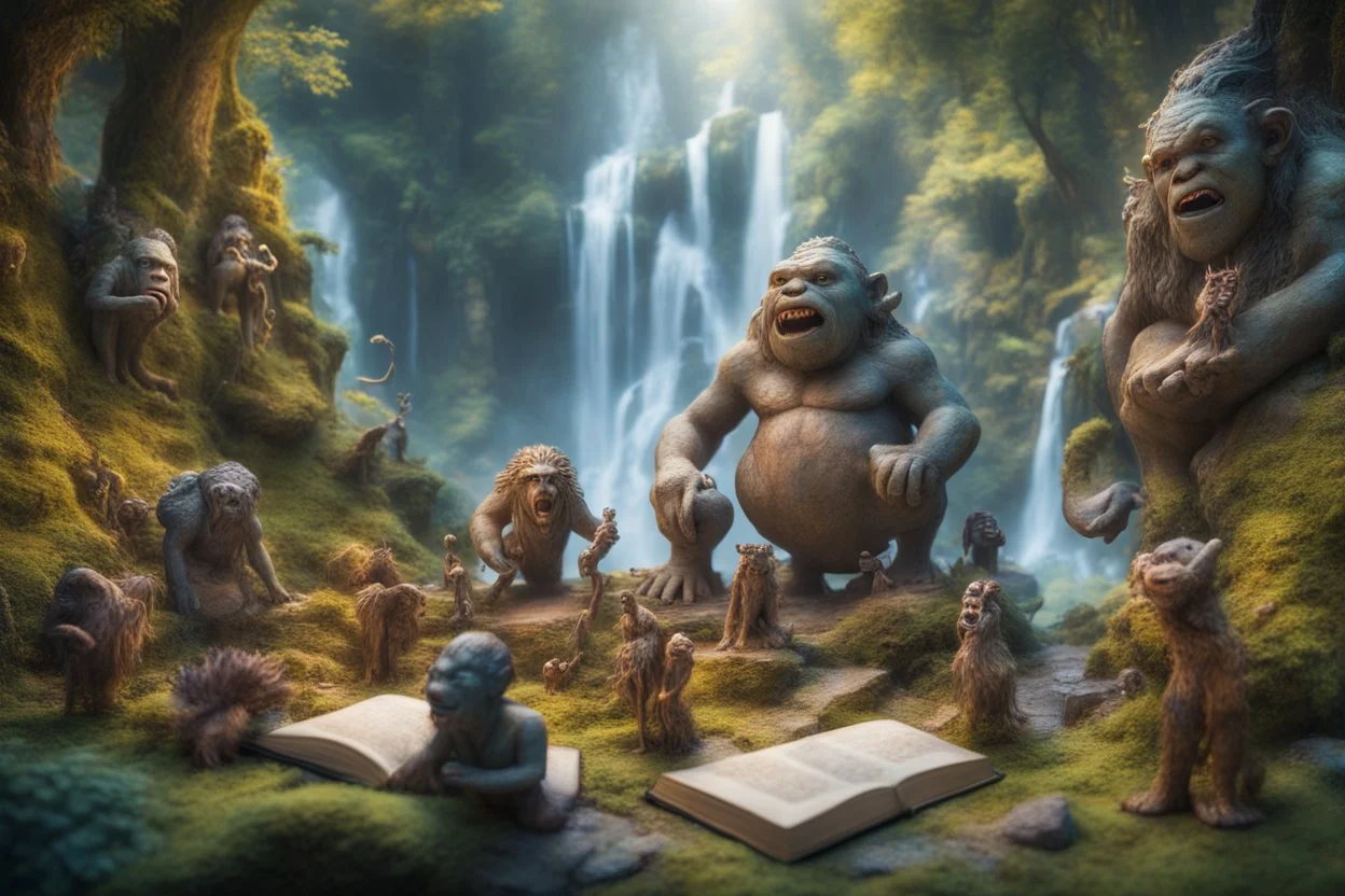 book cover oil painting of archeologists discovering woodland creatures in Rivendell worshipping big fat alien troll statues with many head and idols like from a myth or legend, on a strange planet with weird colors and waterfalls, bokeh like f/0.8, tilt-shift lens 8k, high detail, smooth render, down-light, unreal engine, prize winning