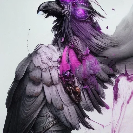 Stoic Handsome Powerful MALE!!! Winged-Raven Elite Warrior Portrait, Elegant Magenta Tattoos, Elegant Feather Details; Silver and Purple color scheme; masterpiece; 16k, dark fantasy; by Wadim Kashin, Peter Mohrbacher, Yoji Shingawa Victo Ngai; dynamic lighting; hyperdetailed; intricate; Splash screen art; trending Artstation, Vivid deep color, Unreal Engine; Alphonse Mucha, Jordan Grimmer, Gold, Seagreen complementary color