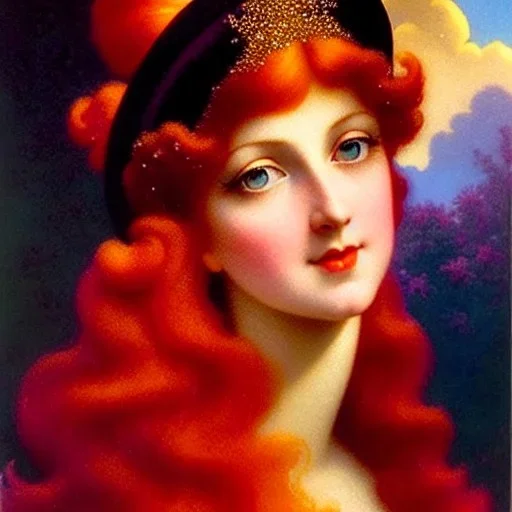 Young maggie rizer, meticulously detailed face, meticulously detailed multi-hued long red hair; ethereal fantasy. Maxfield Parrish. realistic oil painting. Victorian era, glitter, luminous color sparkles, old fashioned, vintage, antique, beautiful, renaissance, 16k