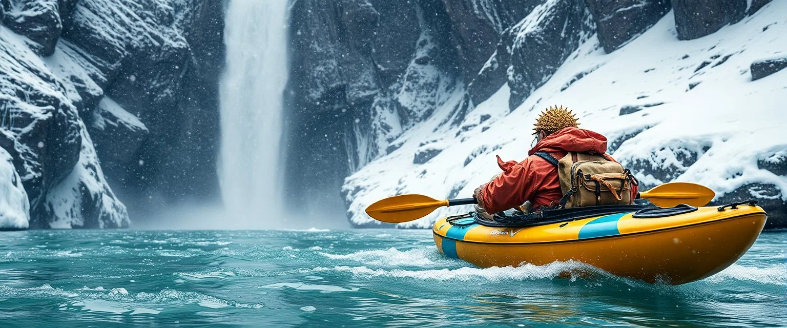 kayak in the valley of the super happy guru explorer in deep trouble by the water fall, glitter disco glam luxury spiked camel pig in snow storm