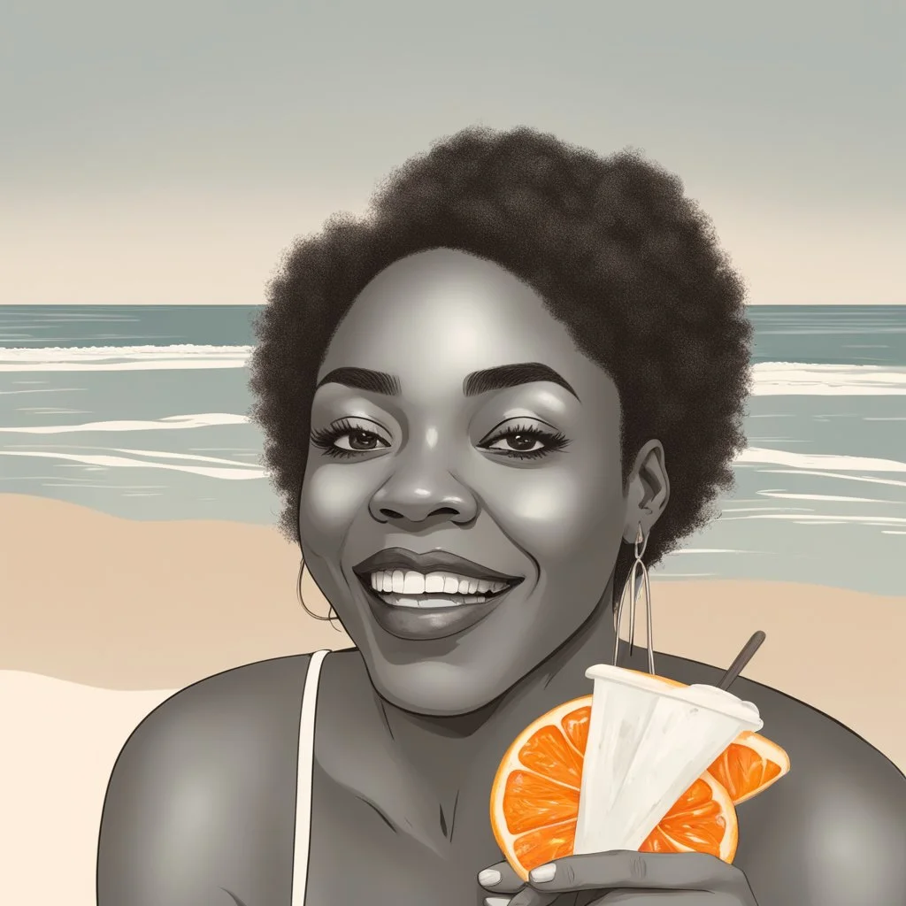 Portrait of black woman enjoying orange popsicle, enjoying the sun. She's at the beach with turtles and baby crab