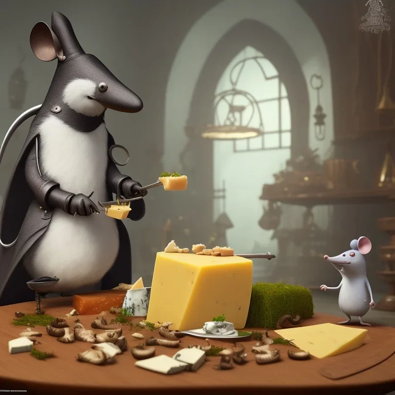 A Plague Doctor (AND) a Mouse having a port & cheese party while mushrooms grow beside them by Pixar and Dreamworks