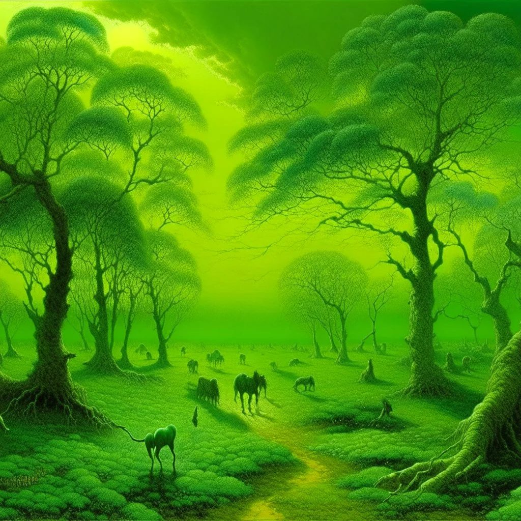 A lime green savanna with animals painted by John Atkinson Grimshaw