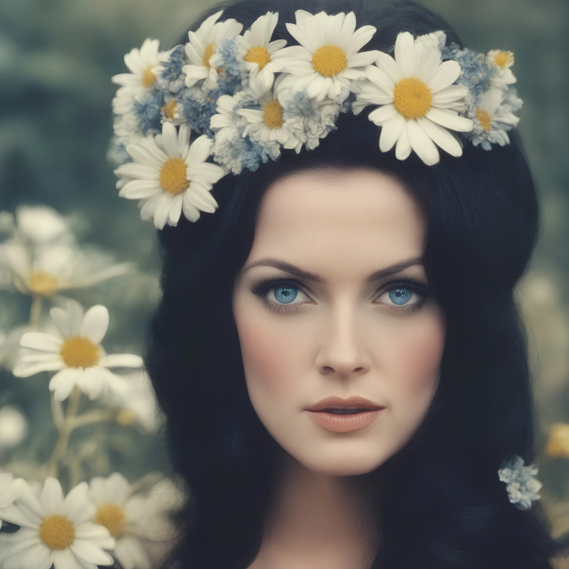 Priscilla presley, black hair, beehive, big blue eyes, daisies, crochet,autochrome