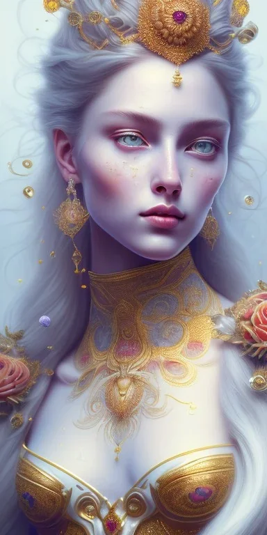 ultradetailed beautiful portrait painting of love Aphordite with short flowing grey-white hair and sharp piercing gaze of blue eyes, alluring beauty, wearing jewels, roses, ultra ornate, gold leaf deatils, wearing white smooth dress, by conrad roset, greg rutkowski and artgerm, trending on artstation