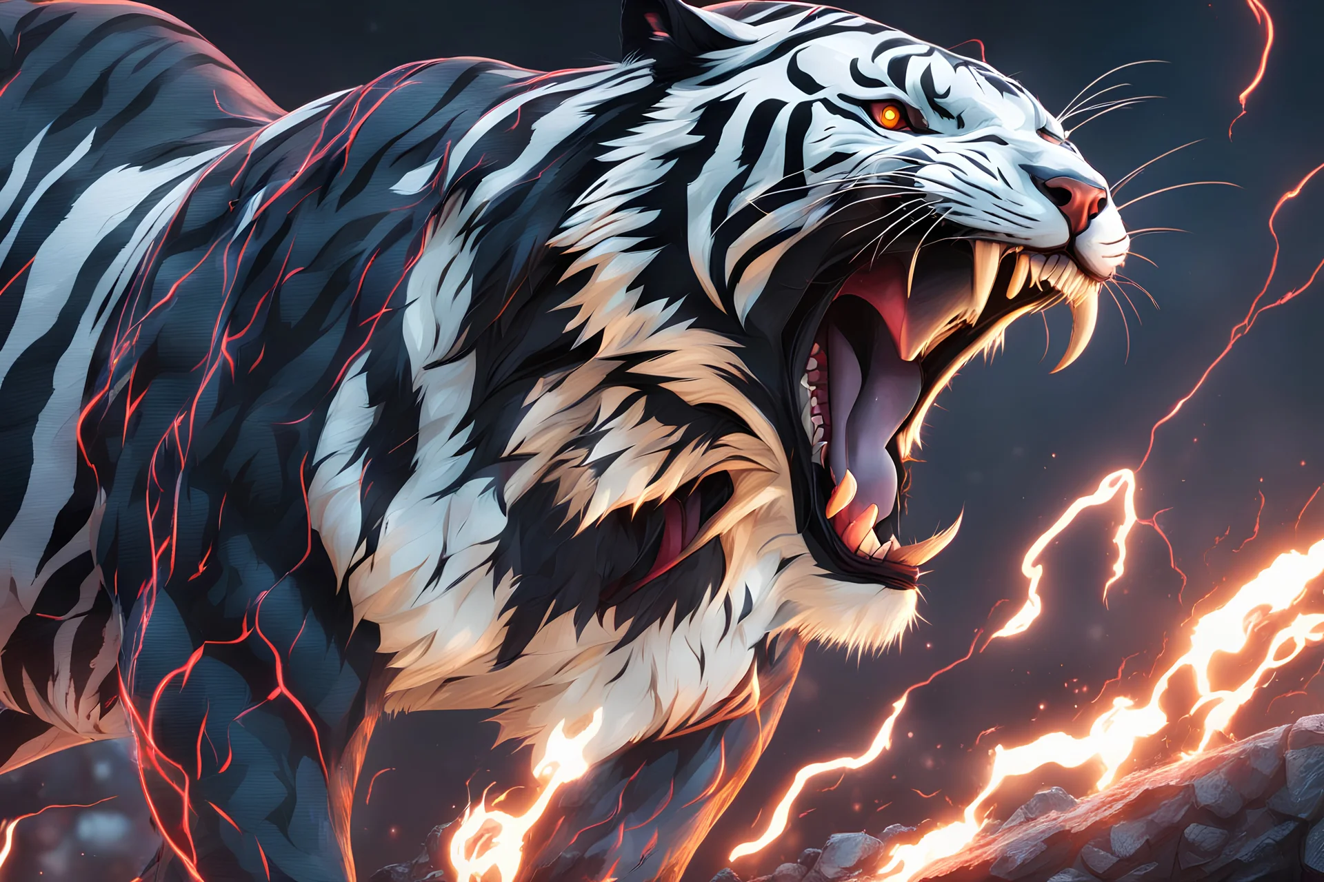 Venom beast in 8k anime cgi artstyle, white tiger them, neon effect, close picture, full body, apocalypse, intricate details, highly detailed, high details, detailed portrait, masterpiece,ultra detailed, ultra quality