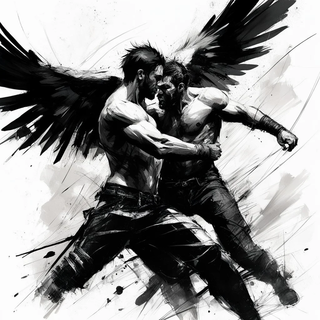 [art by Russ Mills with rough lines, expressive motion] Jacob wrestling with angel