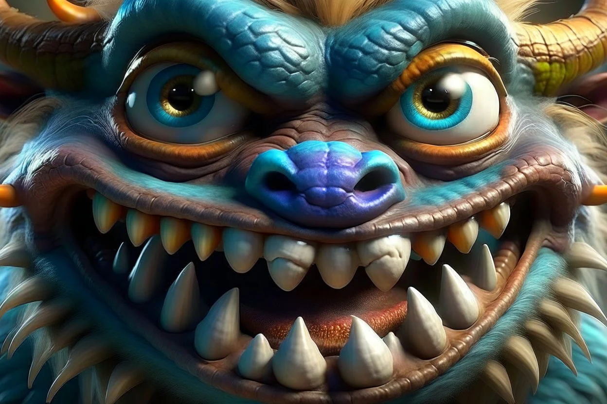 closeup of a smiling monster's face, big teeth, fur, bumps and horns, my pet monster inspiration, urban character design