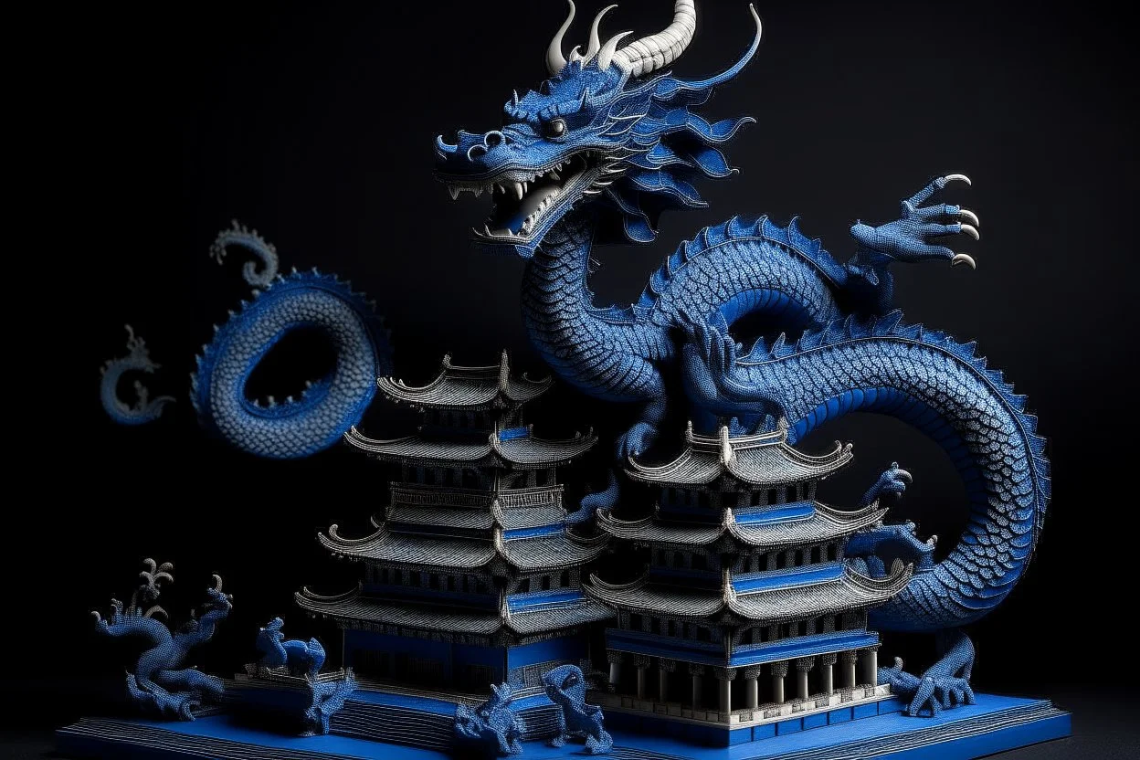 A dark blue dragon palace designed in Chinese paper arts